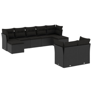 9 pcs conjunto de sofás p/ jardim c/ almofadões vime PE preto H