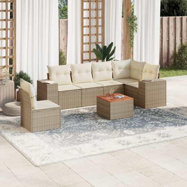 Set sofás de jardín 7 piezas y cojines ratán sintético beige D