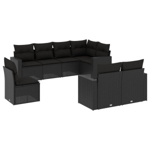 8 pcs conjunto sofás de jardim com almofadões vime PE preto H