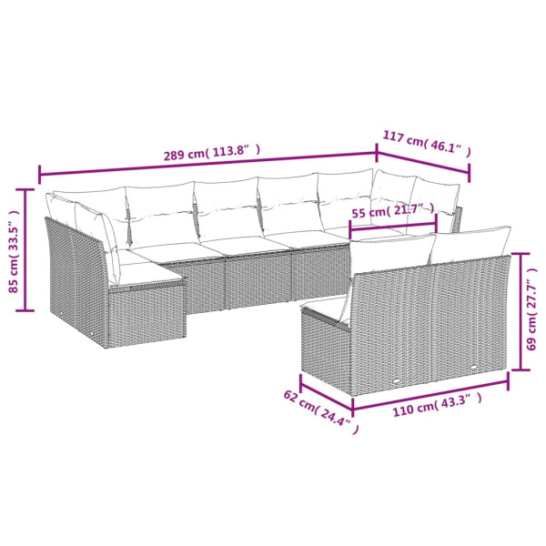 Set de muebles de jardín 9 pzas y cojines ratán sintético gris M 3