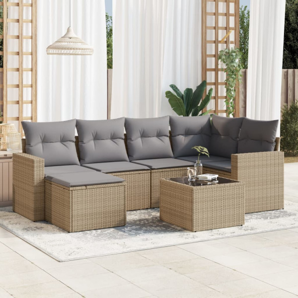 Set sofás de jardín 7 piezas y cojines ratán sintético beige D