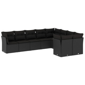 9 pcs conjunto de sofás p/ jardim c/ almofadões vime PE preto H