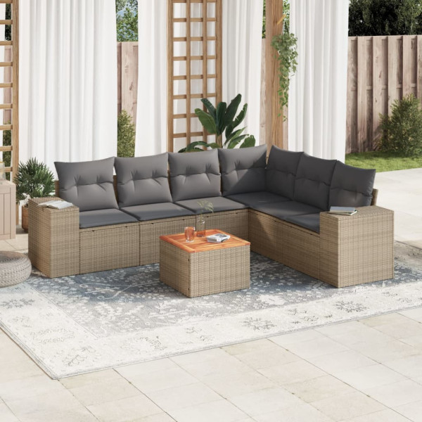 Set sofás de jardín 7 piezas y cojines ratán sintético beige D