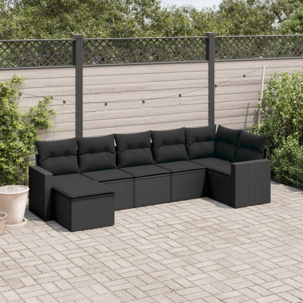 7 pcs conjunto de sofás p/ jardim c/ almofadões vime PE preto D