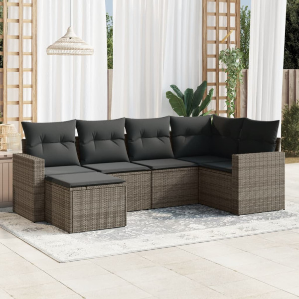 Set de muebles de jardín 6 pzas y cojines ratán sintético gris D