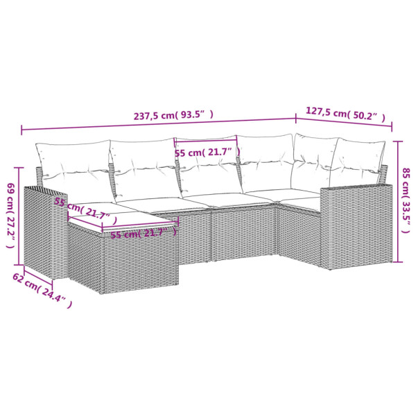 6 pcs conjunto sofás de jardim com almofadões vime cinzento M 3
