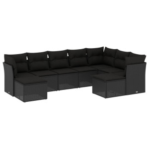 9 pcs conjunto de sofás p/ jardim c/ almofadões vime PE preto H