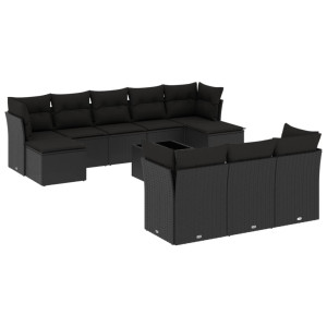 11 pcs conjunto sofás de jardim c/ almofadões vime PE preto H