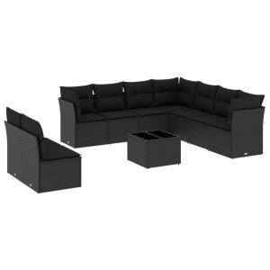 10 pcs conjunto sofás de jardim c/ almofadões vime PE preto H