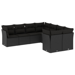 8 pcs conjunto sofás de jardim com almofadões vime PE preto H