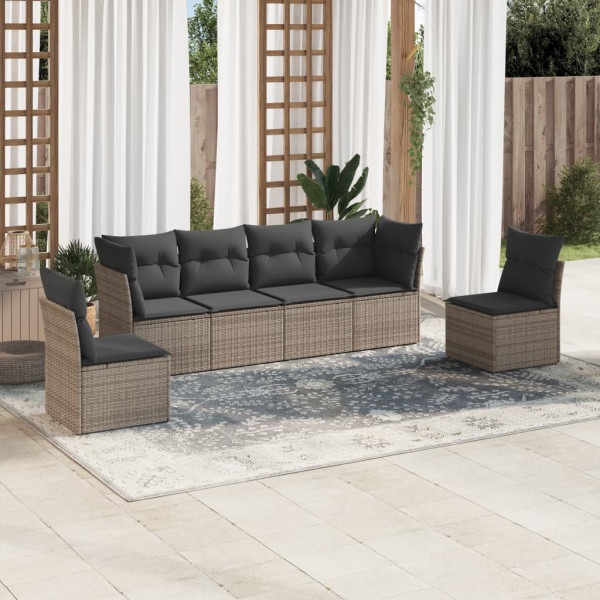 Set de muebles de jardín 6 pzas y cojines ratán sintético gris D