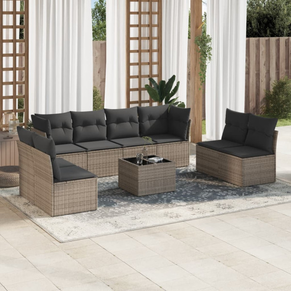 9 pcs conjunto sofás p/ jardim com almofadões vime PE cinzento D