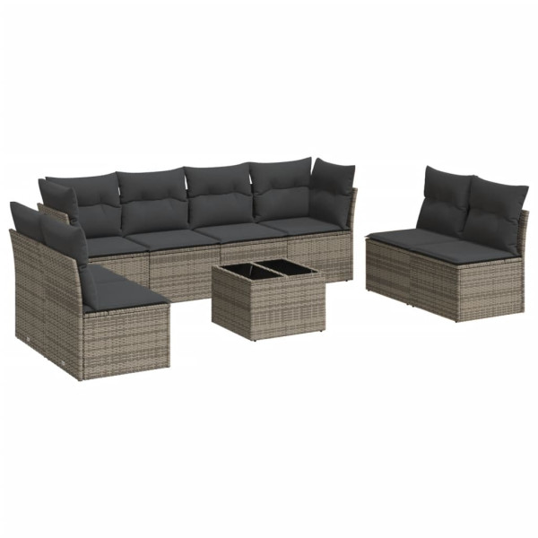 Set de muebles de jardín 9 pzas y cojines ratán sintético gris M 2