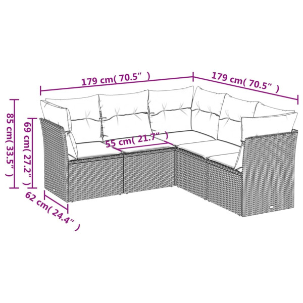 5 pcs conjunto sofás de jardim com almofadões vime PE preto M 3