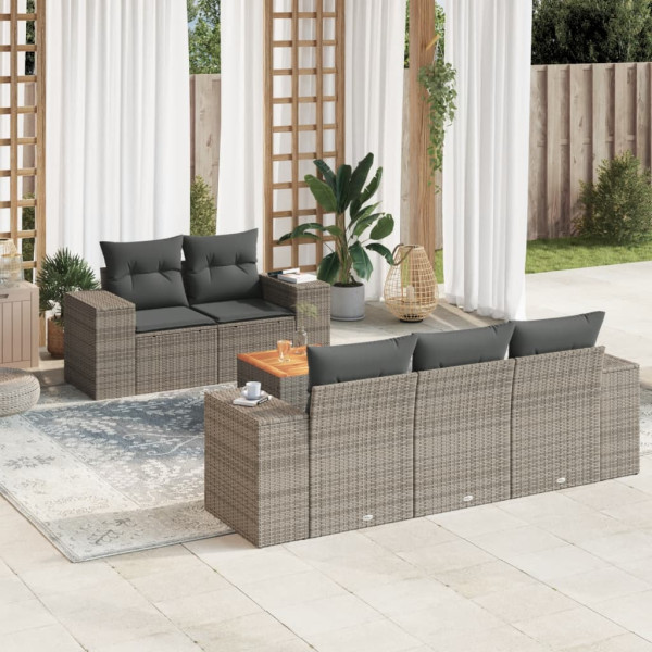 6 pcs conjunto sofás de jardim com almofadões vime cinzento D