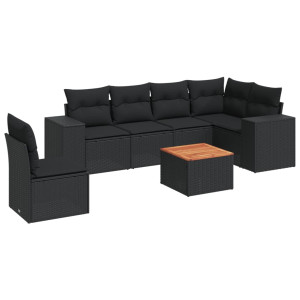 7 pcs conjunto de sofás p/ jardim c/ almofadões vime PE preto H