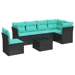 7 pcs conjunto de sofás p/ jardim c/ almofadões vime PE preto H