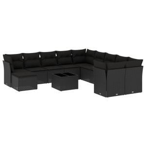 12 pcs conjunto de sofás de jardim c/ almofadões vime PE preto H