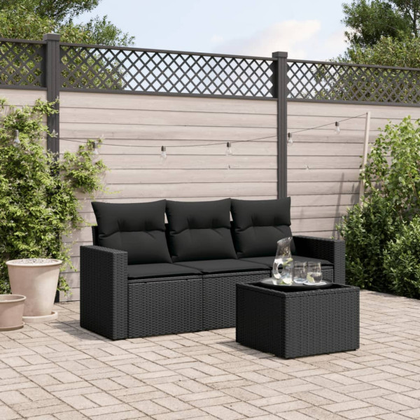 4 pcs conjunto de sofás para jardim c/ almofadões vime PE preto D