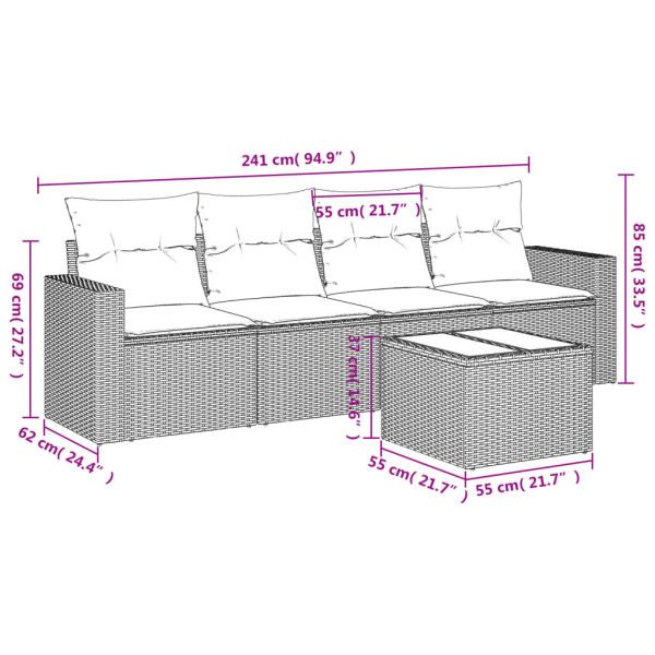 5 pcs conjunto sofás de jardim com almofadões vime PE preto M 3