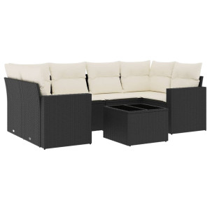 7 pcs conjunto de sofás p/ jardim c/ almofadões vime PE preto H