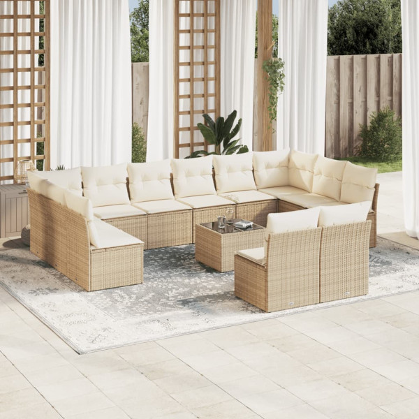 Set sofás de jardín con cojines 13 pzas ratán sintético beige D