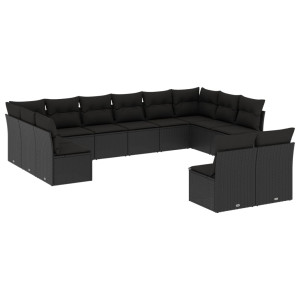 12 pcs conjunto de sofás de jardim c/ almofadões vime PE preto H