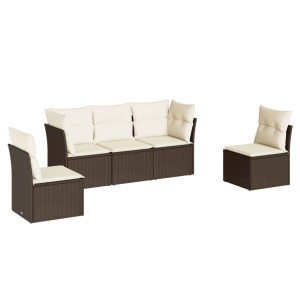 5 pcs conjunto sofás p/ jardim c/ almofadões vime PE castanho H