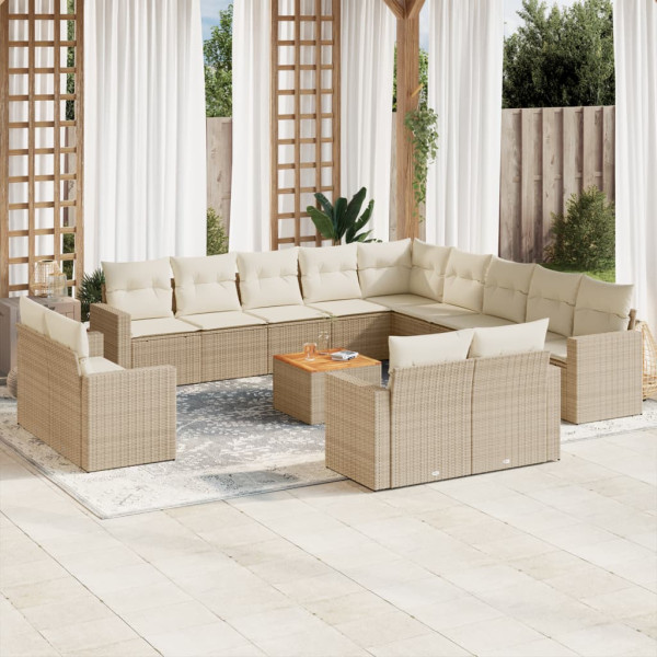 Set sofás de jardín 14 pzas con cojines ratán sintético beige D