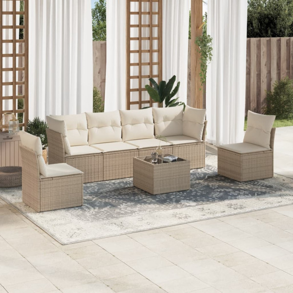 Set sofás de jardín 7 piezas y cojines ratán sintético beige D