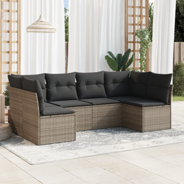 Set de muebles de jardín 6 pzas y cojines ratán sintético gris D