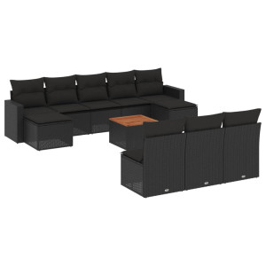 11 pcs conjunto sofás de jardim c/ almofadões vime PE preto H