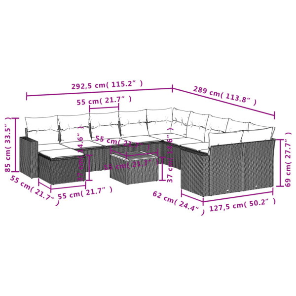 12 pcs conjunto de sofás jardim c/ almofadões vime PE cinzento M 3