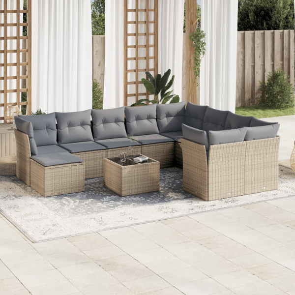 Set de sofás de jardín 11pzas con cojines ratán sintético beige D