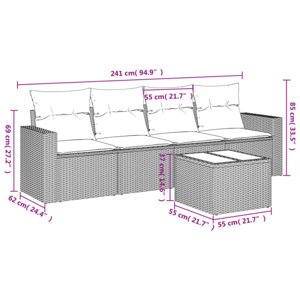 5 pcs conjunto sofás de jardim com almofadões vime PE preto M 3