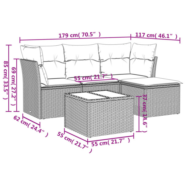 5 pcs conjunto sofás de jardim com almofadões vime PE preto M 3