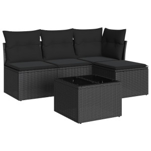 5 pcs conjunto sofás de jardim com almofadões vime PE preto H