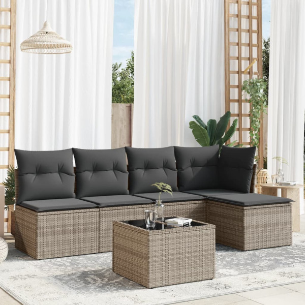 6 pcs conjunto sofás de jardim com almofadões vime cinzento D