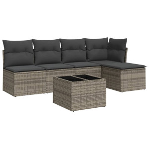 6 pcs conjunto sofás de jardim com almofadões vime cinzento H