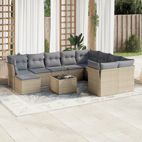 Set de sofás de jardín 11pzas con cojines ratán sintético beige D