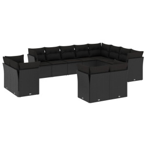 12 pcs conjunto de sofás de jardim c/ almofadões vime PE preto H