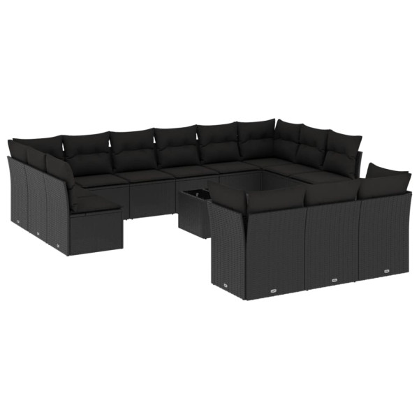 14 pcs conjunto de sofás p/ jardim c/ almofadões vime PE preto M 2