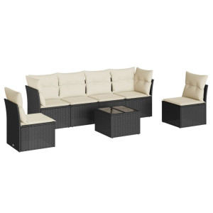 7 pcs conjunto de sofás p/ jardim c/ almofadões vime PE preto H