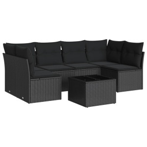 7 pcs conjunto de sofás p/ jardim c/ almofadões vime PE preto H