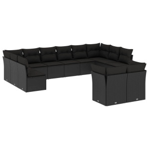 12 pcs conjunto de sofás de jardim c/ almofadões vime PE preto H