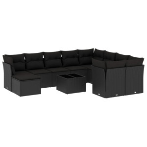 11 pcs conjunto sofás de jardim c/ almofadões vime PE preto H