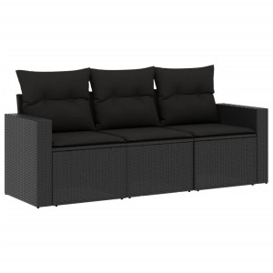 3 pcs conjunto sofás de jardim com almofadões vime PE preto H