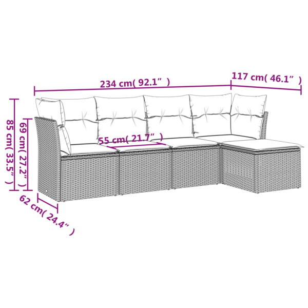 Set de muebles de jardín 5 pzas y cojines ratán sintético negro M 3