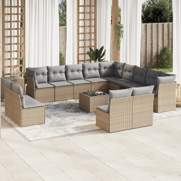 Set sofás de jardín 14 pzas con cojines ratán sintético beige D