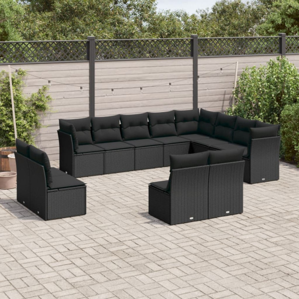 12 pcs conjunto de sofás de jardim c/ almofadões vime PE preto D